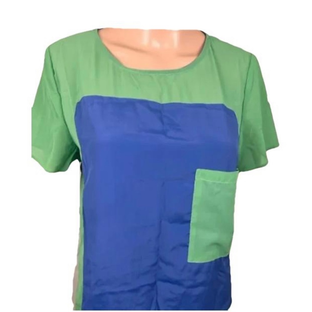 W118 Blue Green Top Short Sleeve Pocket Casual